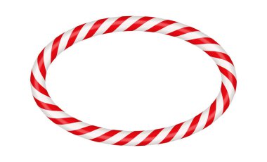 Christmas candy cane oval frame with red and white striped. Xmas border with striped candy lollipop pattern. Blank christmas and new year template. Vector illustration isolated on white background.