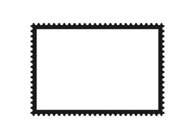 Posta pulu çerçevesi. Kartpostallar ve mektuplar için boş sınır şablonu. Boş dikdörtgen ve kenarları delinmiş kare posta pulu. Vektör illüstrasyonu beyaz arkaplanda izole edildi.
