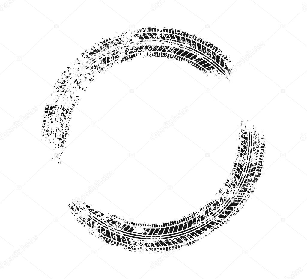 Auto tire tread grunge circle frame. Car and motorcycle tire pattern, wheel tyre tread track. Black tyre round border. Vector illustration isolated on white background.
