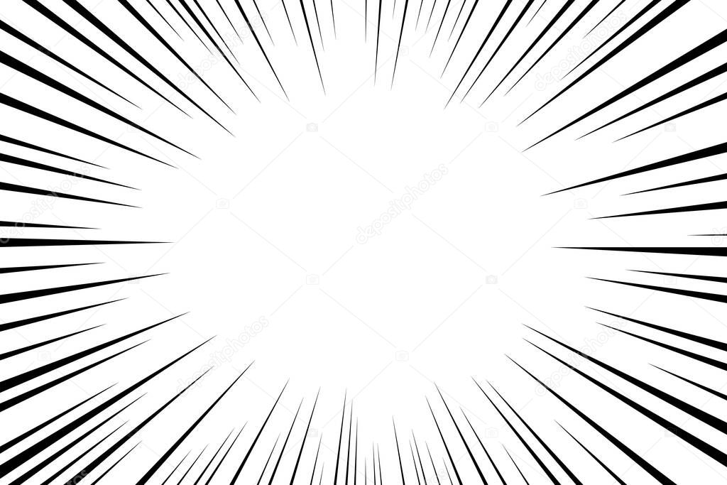 Manga speed burst frame. Radial anime speed lines. Crash zoom effect for comic book. Radial lines overlay template. Manga brust frame. Cartoon boom effect. Vector illustration on white background.