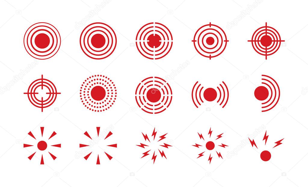 Pain point icons set. Pain red circles mark. Target spot symbols for medical design. Concept killer for headaches, abdominal aches. Editable stroke. Vector illustration isolated on white background.