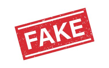 Medya ve belgeler için sahte kelime grunge kauçuk damgası. Sahte tabela çıkartması. Yalanların sembolü. Grunge Red Vintage kare etiketi. Vektör illüstrasyonu beyaz arkaplanda izole edildi.