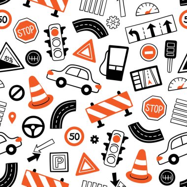 Hand drawn drive symbols seamless pattern. Doodle cars, road objects, traffic sign and automobile symbols. Vector illustration for driving school auto parts store, service centers on white background.