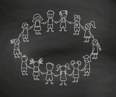 Mutlu karalama çubukları çocuklar el ele tutuşuyor. Elle çizilmiş komik çocuklar. Uluslararası arkadaşlık kavramı. Doodle çocuk topluluğu. Okul karatahta arka planında vektör doğrusal illüstrasyon.