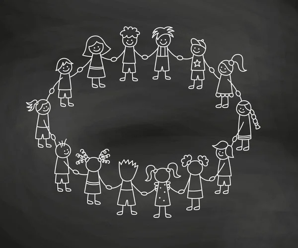 Glückliche Doodle Stick Kinder Halten Händchen Handgezeichnete Lustige Kinder Kreis — Stockvektor