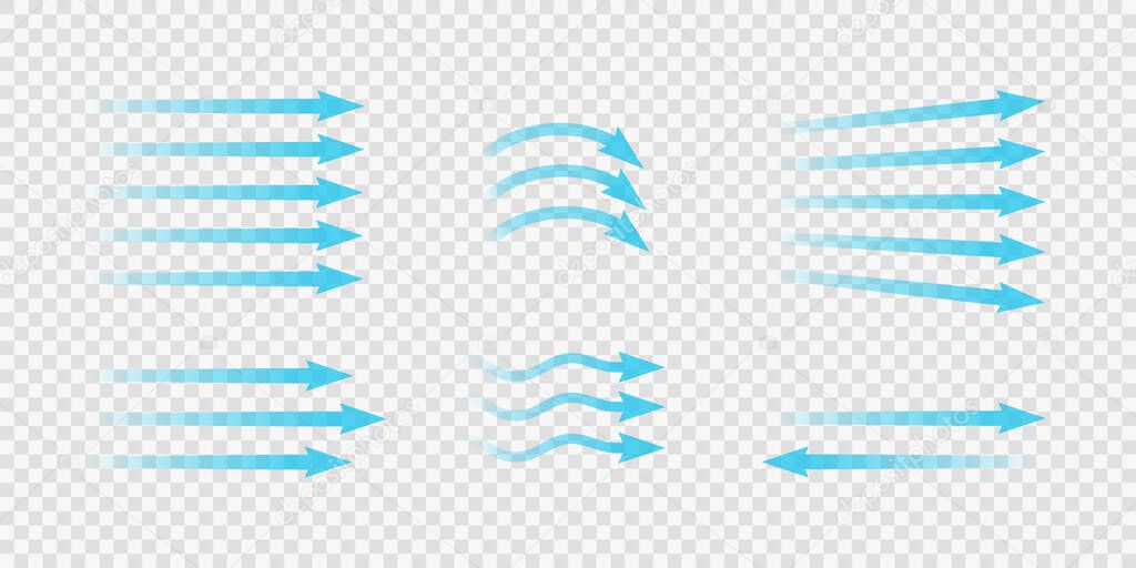 Air flow. Set of blue arrows showing direction of air movement. Wind direction arrows. Blue cold fresh stream from the conditioner. Vector illustration isolated on transparent background.