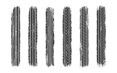 Otomatik lastik izi grunge seti. Araba ve motosiklet lastiği izi, tekerlek lastik izi. Siyah lastik izi. Vektör illüstrasyonu beyaz arkaplanda izole edildi.
