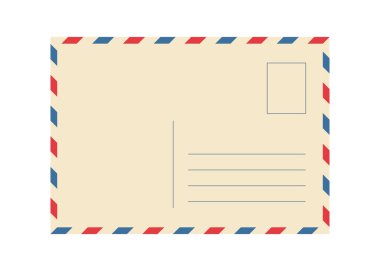 Çapraz mavi ve kırmızı çizgili eski bir havayolu posta kartı şablonu. Kartpostalın arkasını boşalt. Posta pulu çerçeveli bir hava postası. Vektör illüstrasyonu beyaz arkaplanda izole edildi.