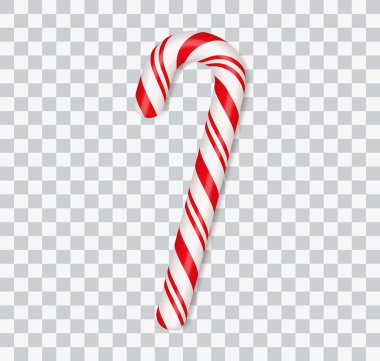 Noel şeker kamışları. Noel çubuğu. Geleneksel kırmızı ve beyaz çizgili Xmas şekeri. Çizgili desenli Noel Baba karamel bastonu. Vektör illüstrasyonu şeffaf arkaplanda izole edildi.