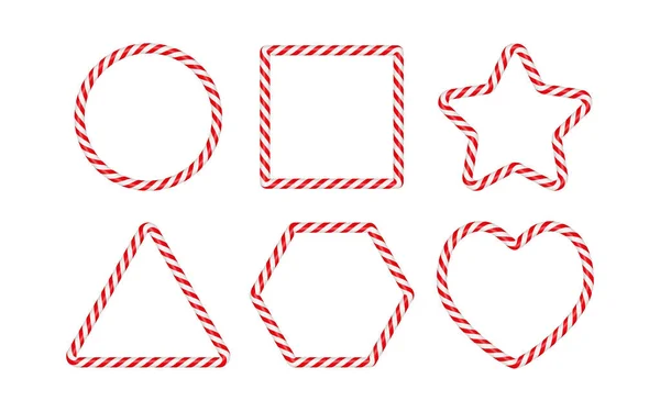Рождественская Конфетка Рамы Красной Белой Полосой Xmas Circle Star Heart — стоковый вектор