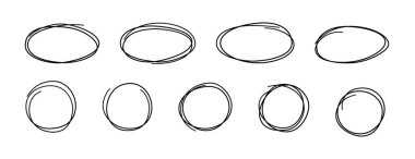 Hand drawn scribble lcircles and ovals. Doodle sketch underlines. Highlight circle frames. Ellipses in doodle style. Set of vector illustration isolated on white background.