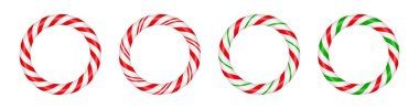 Christmas candy cane circle frame with red and green striped. Xmas border with striped candy lollipop pattern. Blank christmas and new year template. Vector illustration isolated on white background.