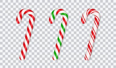 Christmas candy canes. Christmas stick. Traditional xmas candy with red, green and white stripes. Santa caramel cane with striped pattern. Vector illustration isolated on transparent background.