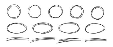 Hand drawn scribble lines, circles and ovals. Doodle sketch underlines. Highlight circle frames. Ellipses in doodle style. Set of vector illustration isolated on white background.