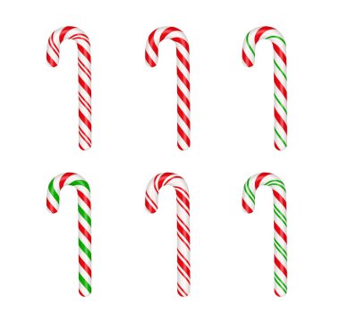 Christmas candy canes set. Christmas stick. Traditional xmas candy with red, green and white stripes. Santa caramel cane with striped pattern. Vector illustration isolated on white background.