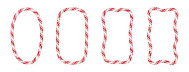Christmas candy cane vertical frame with red and white stripe. Xmas border with striped candy lollipop pattern. Blank christmas and new year template. Vector illustration isolated on white background.
