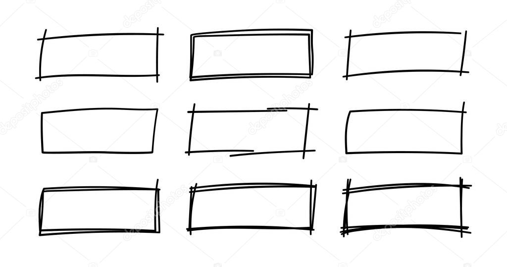 Hand drawn rectangle frames. Grungy scribble rectangle frames. Doodle geometric borders. Pen ink empty black text boxes set. Vector illustration isolated on white background.