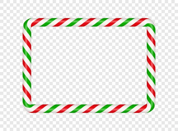 Noel şeker kamışı dikdörtgen çerçevesi, kırmızı ve yeşil çizgili. Çizgili şeker lolipop desenli Xmas sınırı. Boş Noel şablonu. Vektör illüstrasyonu şeffaf arkaplanda izole edildi.