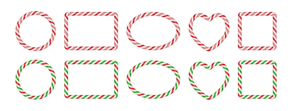 赤と緑の縞模様のクリスマスのお菓子の杖フレーム クリスマスサークル 楕円形 縞模様のキャンディーロリポップパターンと正方形の境界線 空のクリスマステンプレート 白を基調としたベクトルイラスト — ストックベクタ