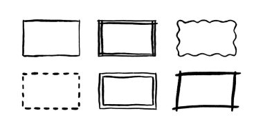 Serbest çizilmiş dikdörtgen çerçeveler ayarlandı. Dikdörtgen şeklinde karala. Kalem kare metin kutusu karala. Karalama tasarım elementleri. Hat sınırı. Vektör illüstrasyonu beyaz arkaplanda izole edildi.