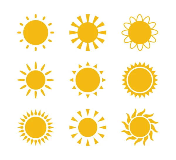 Sol Amarillo Plano Con Iconos Rayos Varios Diseños Iconos Silueta — Vector de stock