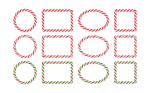 圣诞糖果框架与红色和绿色条纹 圣诞圆形 椭圆形 正方形边界与条纹糖果棒棒糖图案 空白的圣诞节模板 在白色背景上孤立的向量图 — 图库矢量图片