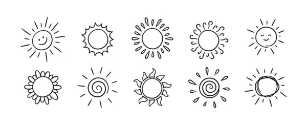 Doodle Différentes Icônes Soleil Ensemble Scribble Soleil Avec Des Symboles — Image vectorielle