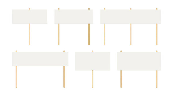 Picket banner frame. Blank demonstration banner mock up. Empty protest placard with wooden poles. Realistic politic strike board mockup. Vector illustration isolated on white background.