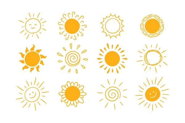Doodle Diferentes Ícones Sol Set Scribble Sol Amarelo Com Símbolos — Vetor de Stock