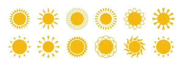 Žluté Ploché Slunce Ikonami Paprsků Různých Provedeních Siluety Slunce Grafické — Stockový vektor