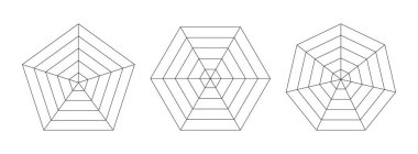 Radar örümcek şeması şablonu. Düz örümcek ağı. Boş radar çizelgeleri. Pentagon, altıgen ve hepgon grafikleri. İstatistik ve analitik için Kiviat diyagramı. Vektör illüstrasyonu beyaz arkaplanda izole edildi.