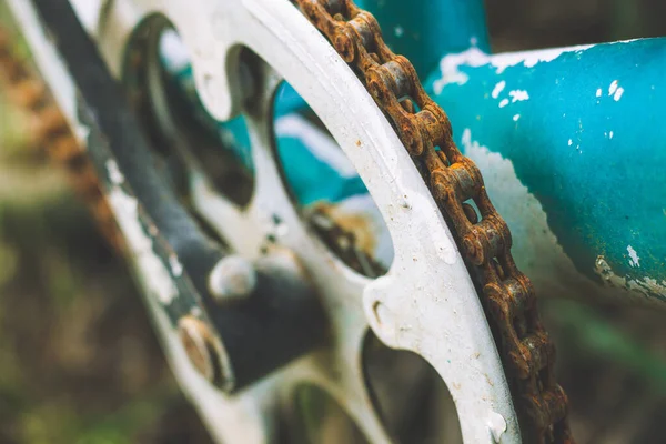 Close Old Rusty Chain Bicycle Background Nature Bicycle Detail View — Stockfoto