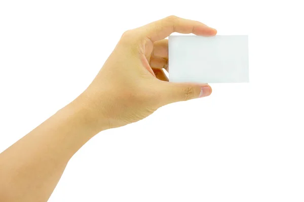 Mulheres Mão Segurando Papel Branco Cartão Visita Isolado Fundo Branco — Fotografia de Stock