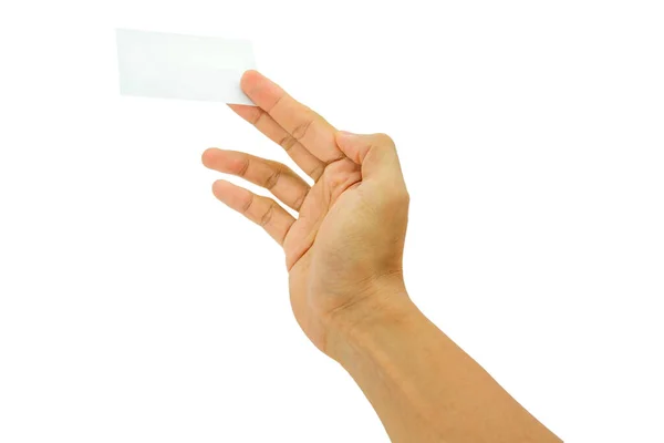 白い背景で隔離の空白の紙ビジネス カードを持っている女性手 — ストック写真