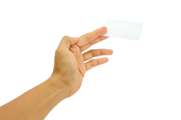 Mulheres Mão Segurando Papel Branco Cartão Visita Isolado Fundo Branco — Fotografia de Stock