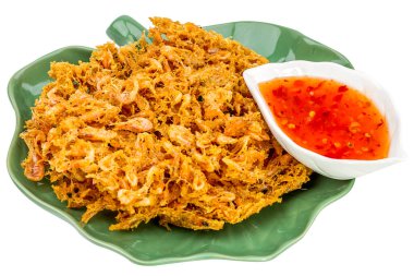 Küçük karidesler kızarmış gözleme, soslu karides, beyaz arka planda tatlı su karidesi..