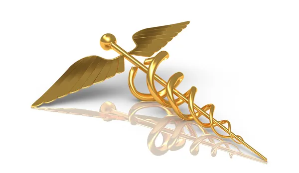 Caduceus in goud - hermes Grieks symbool - pin met slang-geïsoleerd — Stockfoto