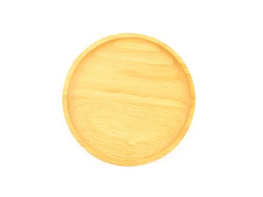 Üst manzara, boş yuvarlak ahşap plaka beyaz bir grupta izole edilmiş. Ev ya da restoran için kullanılır, yemek tasarımı için. Mutfak aksesuarı