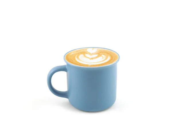 Warme Latte Koffie Met Art Hartvorm Blauwe Keramische Mok Geïsoleerd — Stockfoto