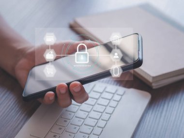 Concept of using login password, online internet, information network, people, banking, online shopping. Secured access with password on screen of smartphone. Data protection concep