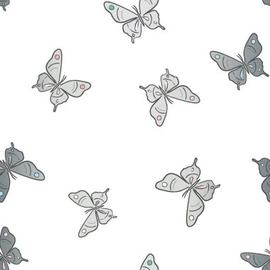 Gümüş kelebek vektör desenli kusursuz arka plan. Gradyan metalik kelebek deseni. Gümüş ve beyaz.