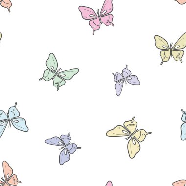 Pastel kelebek kusursuz tekrar desenli dizayn, sevimli kelebek vektör duvar kağıdı. Kız yay desenli arkaplan.