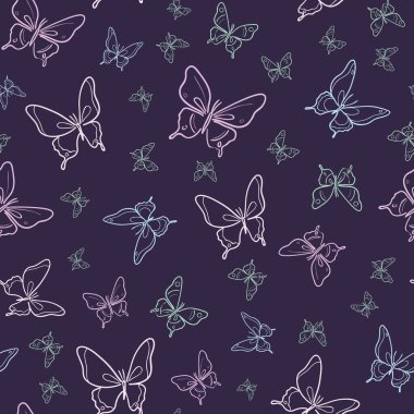 Vektör kelebeği kusursuz tekrarlanmayan desen tasarımı arka planı. Koyu, neon desenli.