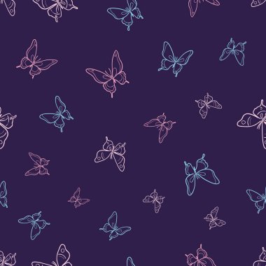 Vektör kelebeği kusursuz tekrarlanmayan desen tasarımı arka planı. Koyu, renkli desen.