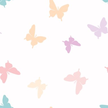 Vektör kelebeği kusursuz tekrarlanmayan desen tasarımı arka planı. Rastgele renkli kelebek silueti, tatlı kız pastel deseni..