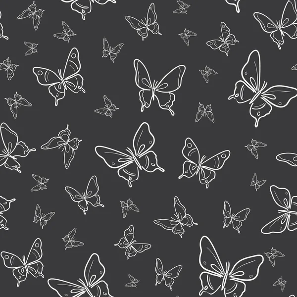 矢量蝴蝶无缝重复图案设计背景 黑色背景的白色蝴蝶 — 图库矢量图片