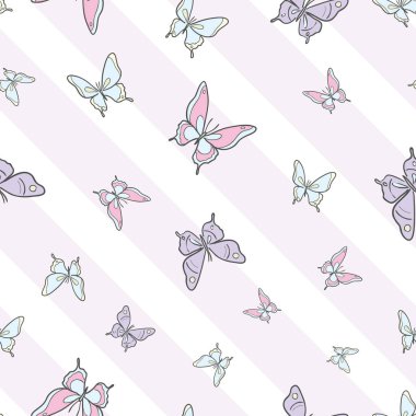 Pastel kelebek kusursuz tekrar desenli dizayn, sevimli kelebek vektör duvar kağıdı. Kız yay desenli arkaplan.