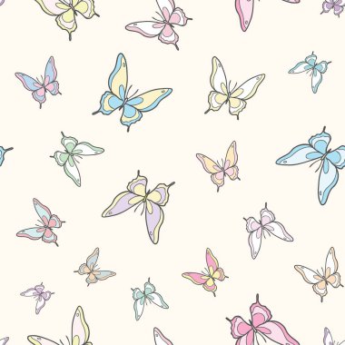 Pastel kelebek kusursuz tekrar desenli dizayn, sevimli kelebek vektör duvar kağıdı. Kız yay desenli arkaplan.