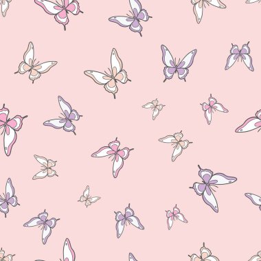 Pastel kelebek kusursuz tekrar desenli dizayn, sevimli kelebek vektör duvar kağıdı. Kız yay desenli arkaplan.