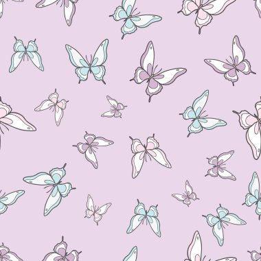 Pastel mor kelebek kusursuz tekrar desenli dizayn, sevimli kelebek vektör duvar kağıdı. Kız yay desenli arkaplan.
